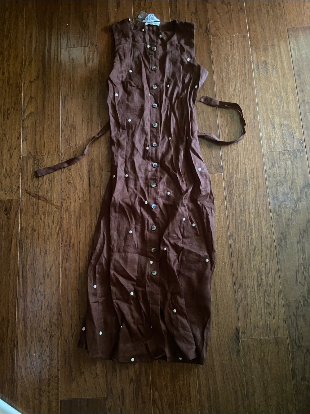 Sleeveless Brown Maxi Dress with Button Front and Tie Waist